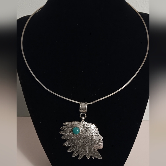 CHIEF HEAD PENDANT 925 STERLING SILVER AND TURQUOISE - Picture 7 of 8